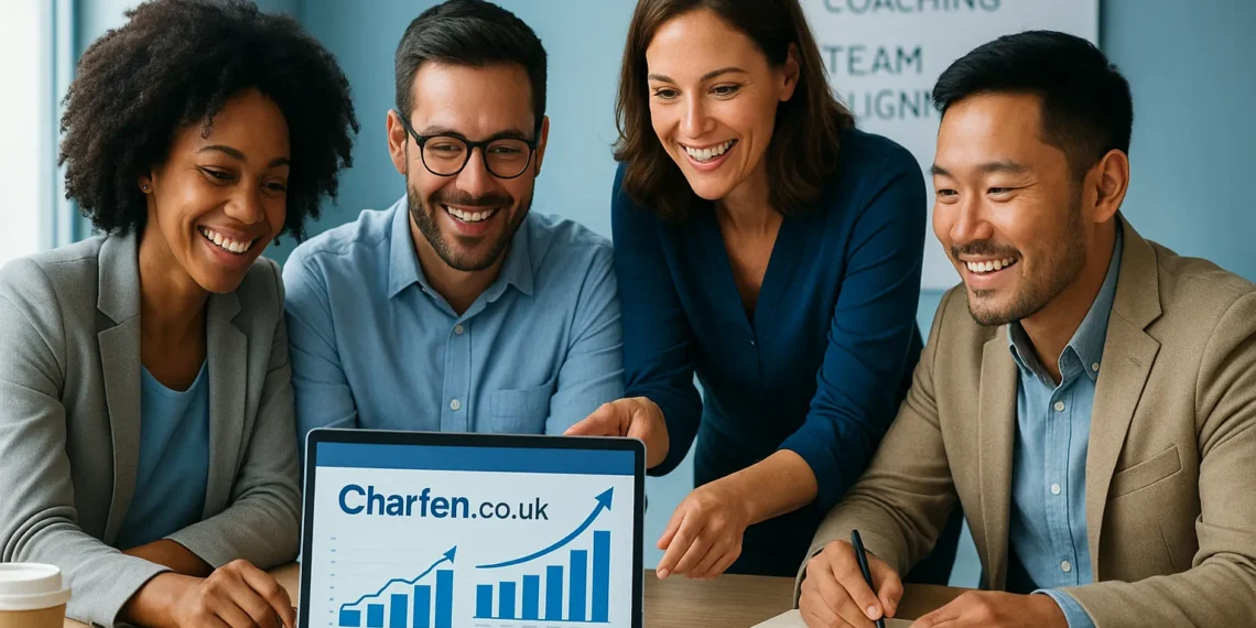 Charfen.co.uk: The Ultimate Platform For Stressed Entrepreneurs To Scale With Confidence 1 Diverse Team Of Entrepreneurs Collaborating Around A Laptop With Charfen.co.uk Dashboard, Discussing Business Growth Strategies In A Modern Office.