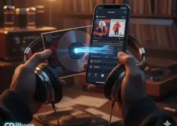 The Cdiphone Enigma: Bridging Physical Media Nostalgia With The Digital Age 4 Cdiphone Concept Showing Hands Holding An Iphone And A Cd, With A Glowing Line Connecting Them, Symbolizing The Transfer Of Lossless Music From The Physical Cd Collection To The Mobile Device.