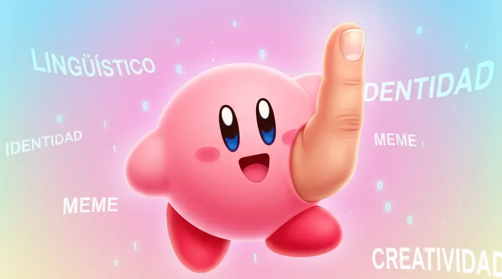 The Enigmatic Appeal Of Kirby Dedo: An Expert Analysis Of Digital Identity, Linguistic Blending, And Pop Culture Mashups 1 Kirby Dedo Illustration: A Pink Kirby Character With A Cartoonishly Large, Realistic Finger (Dedo) In The Foreground, Against A Pastel Background With Words Like 'Identidad' And 'Meme'.