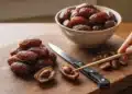 The Sweet Secret Revealed: How Dates Are Pitted For Ultimate Convenience 3 Hand Using A Chopstick To Pit A Medjool Date Next To A Knife And A Bowl Of Whole Dates.