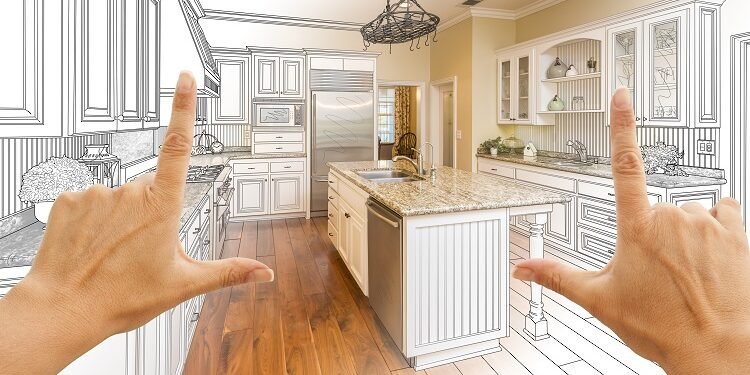Female Hands Framing Gradated Custom Kitchen Design Drawing And Photo Combination.
