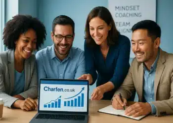 Diverse Team Of Entrepreneurs Collaborating Around A Laptop With Charfen.co.uk Dashboard, Discussing Business Growth Strategies In A Modern Office.