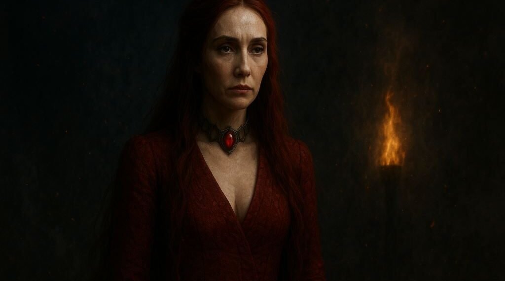 Ultra Hd 2160×3840 Portrait Of Melisandre From Game Of Thrones In Her Crimson Priestess Gown, Illuminated By Torchlight Against A Dark Mystical Backdrop With Glowing Embers