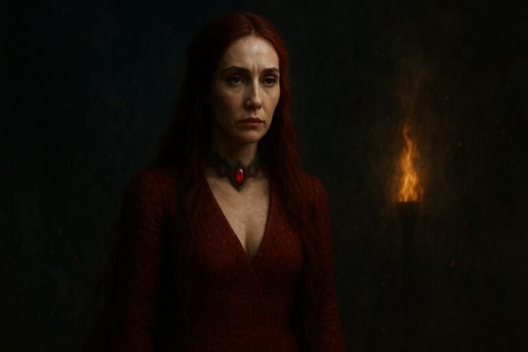 Ultra HD 2160×3840 portrait of Melisandre from Game of Thrones in her crimson priestess gown, illuminated by torchlight against a dark mystical backdrop with glowing embers