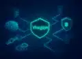 Futuristic Vhsgjqm Platform Visualizing Ai-Powered Cloud Infrastructure, With Glowing Data Nodes And Blockchain Security Shields.