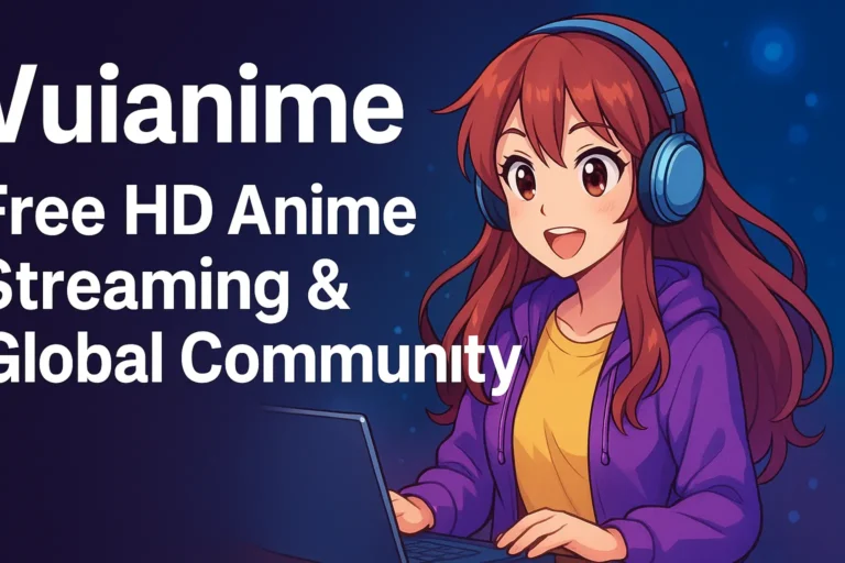 Digital illustration of Vuianime platform promoting free HD anime streaming with diverse characters, community engagement, and global accessibility.