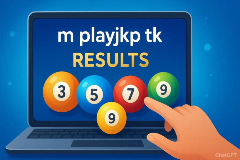 Digital illustration of m playjkp tk platform displaying real-time lottery results with colorful lottery balls and secure interface