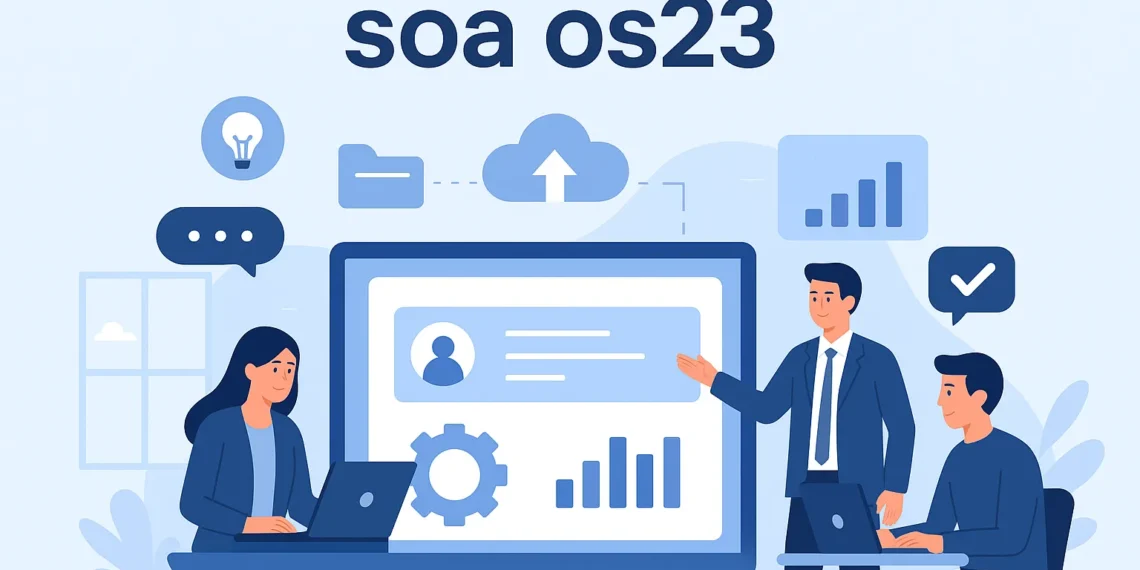 Digital Illustration Of Soa Os23 Platform Displaying Workflow Management, Digital Collaboration, And Operational Efficiency Tools.