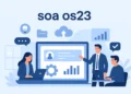 Digital Illustration Of Soa Os23 Platform Displaying Workflow Management, Digital Collaboration, And Operational Efficiency Tools.
