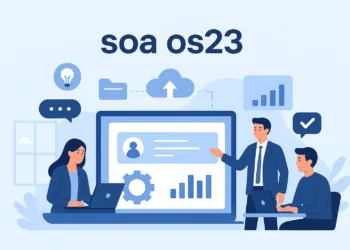Digital Illustration Of Soa Os23 Platform Displaying Workflow Management, Digital Collaboration, And Operational Efficiency Tools.