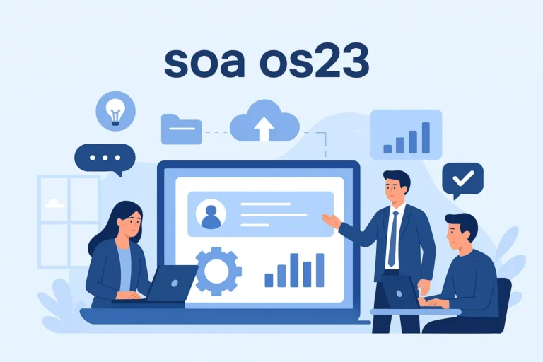 Digital illustration of SOA OS23 platform displaying workflow management, digital collaboration, and operational efficiency tools.