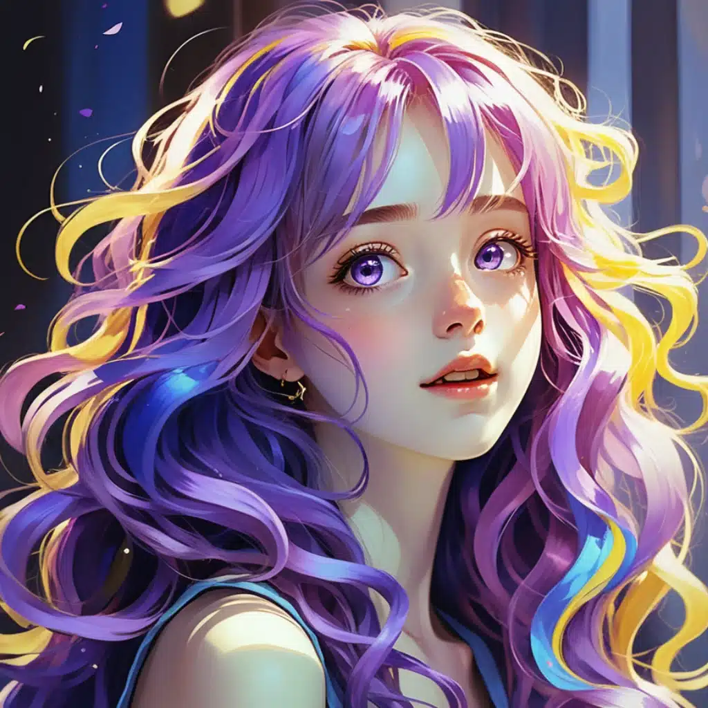 Anime-style illustration of a young girl with vibrant wavy hair in shades of purple, blue, and yellow, and large expressive violet eyes. She looks slightly upward with a soft, curious expression, illuminated by gentle lighting that highlights her colorful hair.