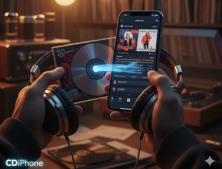 CDiPhone concept showing hands holding an iPhone and a CD, with a glowing line connecting them, symbolizing the transfer of lossless music from the physical CD collection to the mobile device.