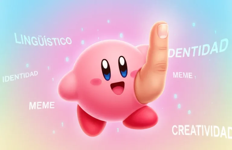 Kirby Dedo illustration: A pink Kirby character with a cartoonishly large, realistic finger (dedo) in the foreground, against a pastel background with words like 'Identidad' and 'Meme'.