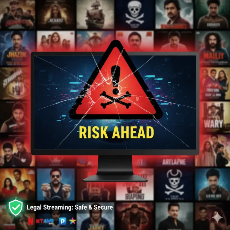 Warning sign on a screen about Movierulz3 risks and illegal content.