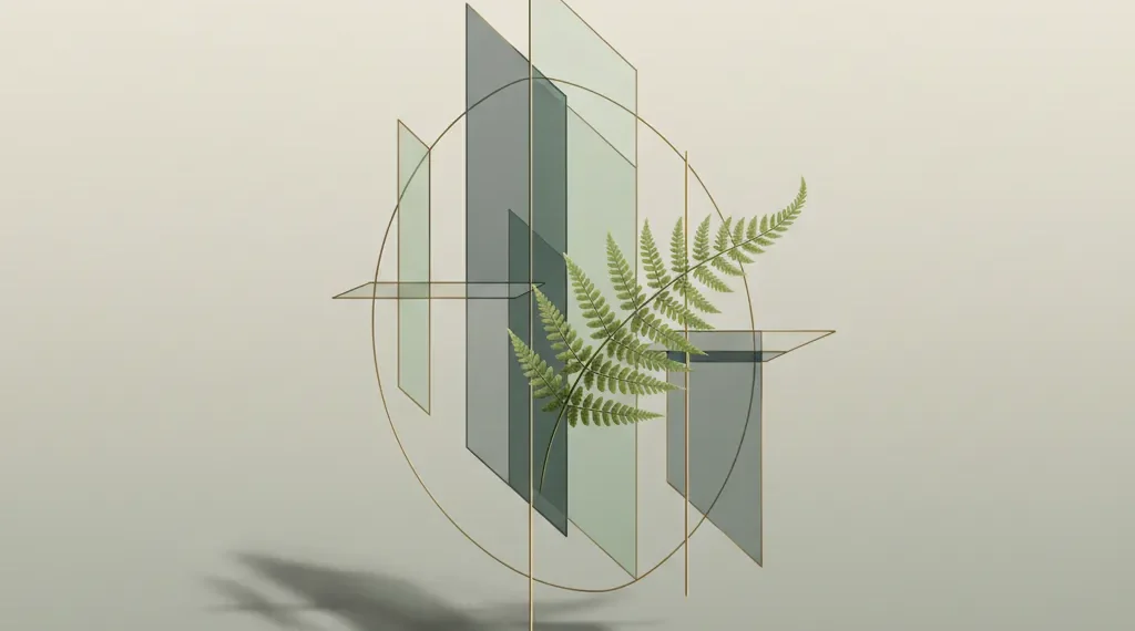 Abstract Illustration Of Nomurano Principles: Delicate Gold Geometric Structures Intertwined With A Single Green Fern, Symbolizing The Balance Between Innovation And Mindful Structure.