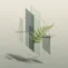 Abstract Illustration Of Nomurano Principles: Delicate Gold Geometric Structures Intertwined With A Single Green Fern, Symbolizing The Balance Between Innovation And Mindful Structure.