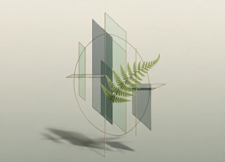 Abstract illustration of Nomurano principles: delicate gold geometric structures intertwined with a single green fern, symbolizing the balance between innovation and mindful structure.