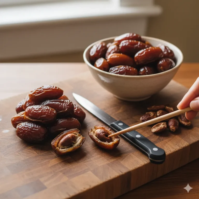 Hand using a chopstick to pit a Medjool date next to a knife and a bowl of whole dates.