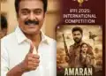 Kamal Haasan Giving A Thumbs Up Next To The 'Amaran' Movie Poster, Announcing The Film'S Golden Peacock Award Nomination And Indian Panorama Opening At Iffi 2025.
