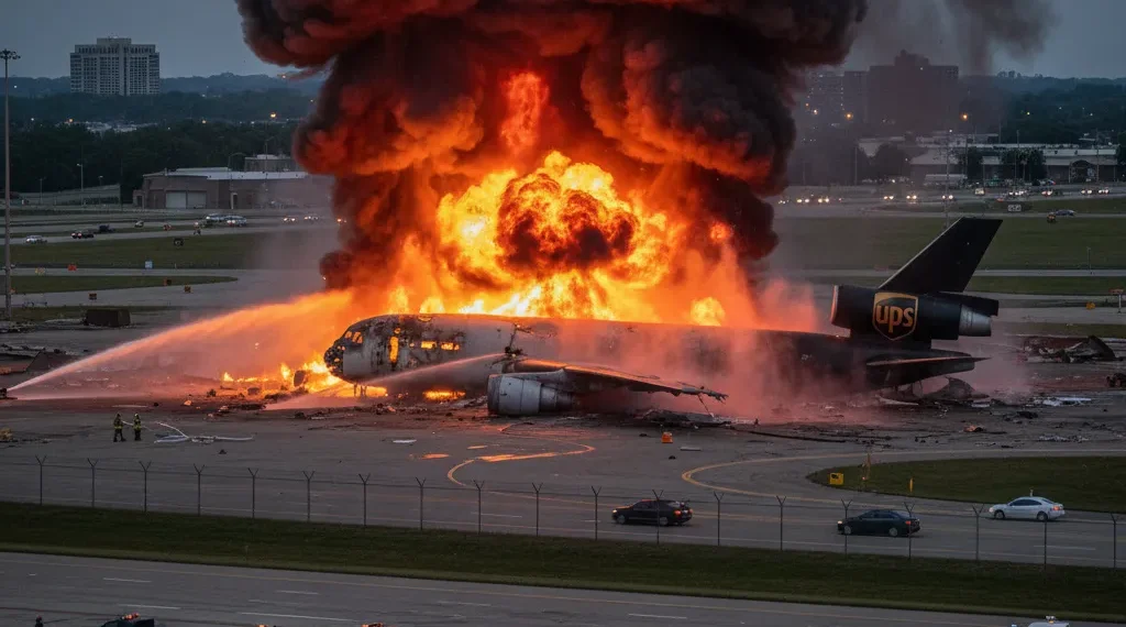 Massive Fireball And Thick Black Smoke Engulf The Crashed Ups Cargo Plane Near The Louisville Airport As Fire Crews Battle The Blaze.