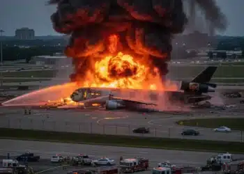 Massive Fireball And Thick Black Smoke Engulf The Crashed Ups Cargo Plane Near The Louisville Airport As Fire Crews Battle The Blaze.