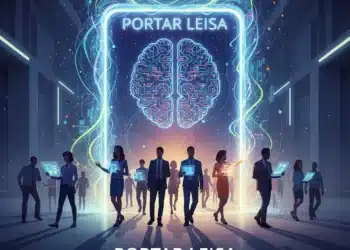 Here Are The Seo-Optimized Image Assets For Your Article: File Name Portar-Leisa-Personalized-Learning-Concept.jpg (Keywords Are Hyphenated For Search Engine Readability.) Alt Text Conceptual Illustration Of Portar Leisa Showing A Glowing Digital Gateway With A Human Brain Icon And Diverse Professionals Using Tablets For Personalized Education.