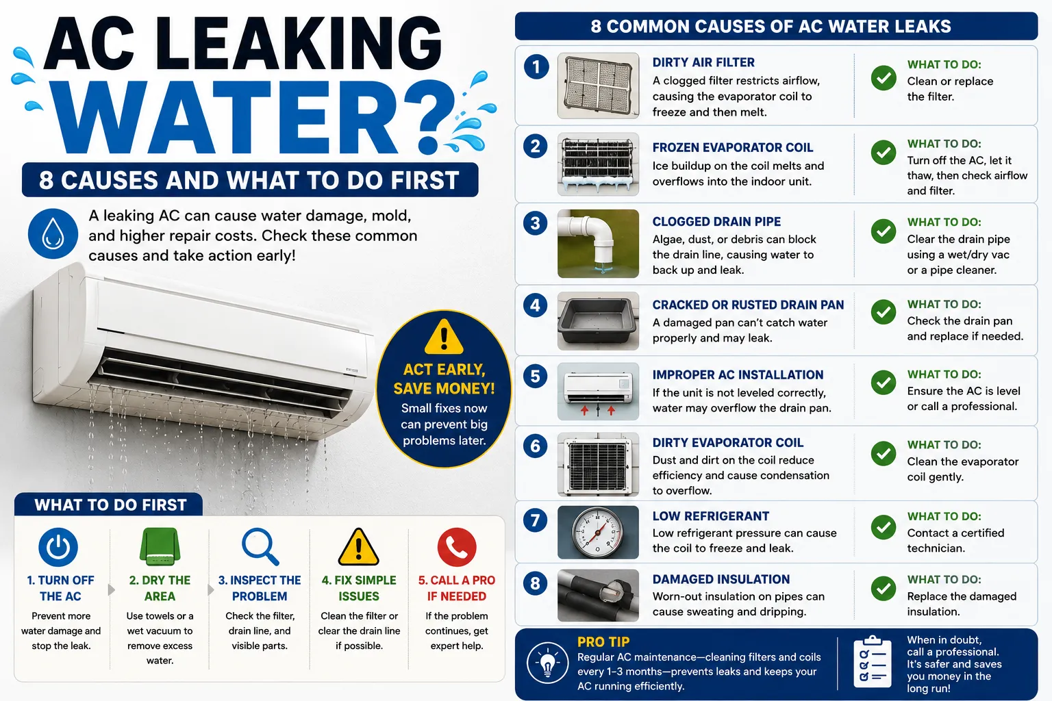 HVAC technician diagnosing an air conditioner leaking water