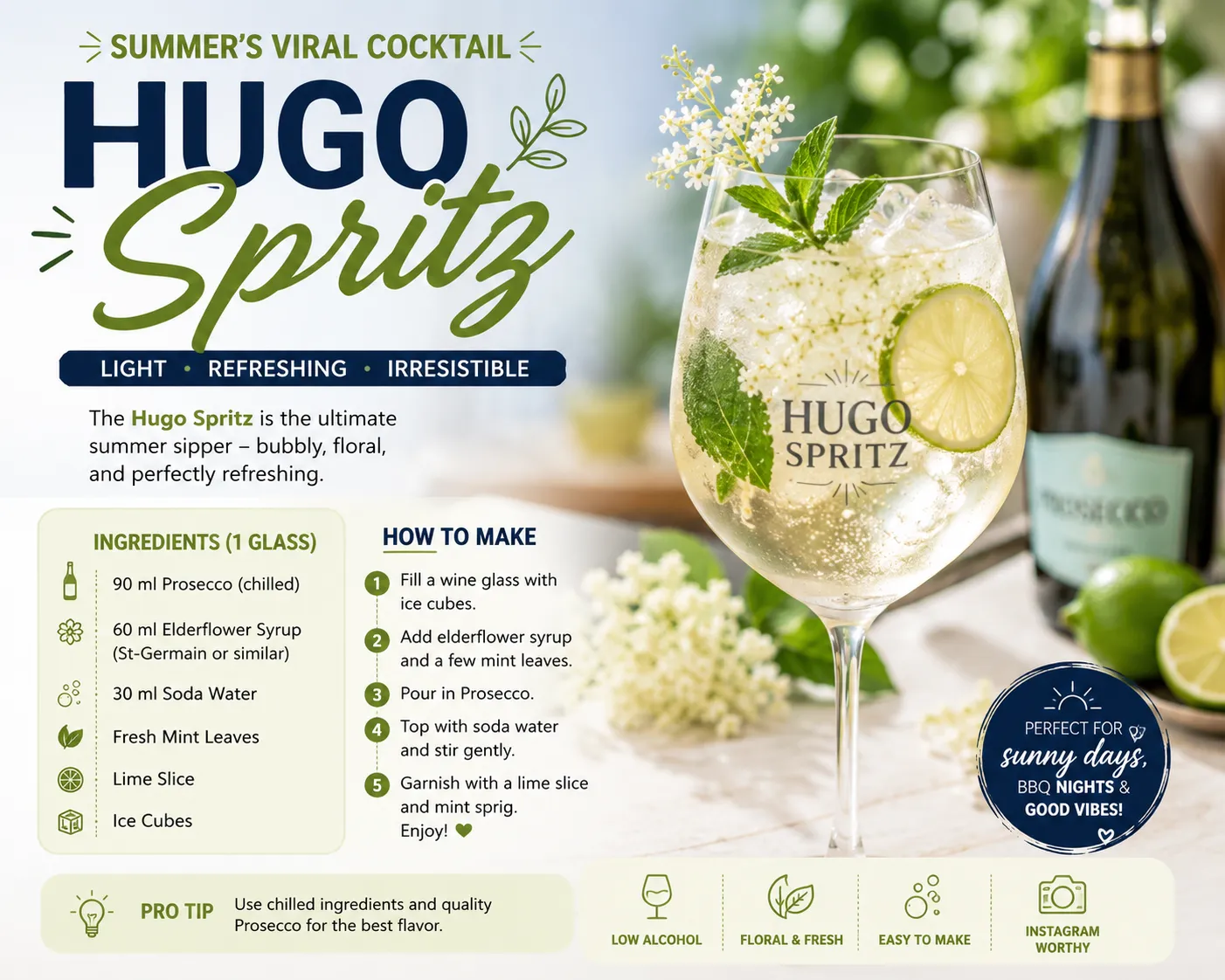Hugo Spritz cocktail with sparkling wine, elderflower, mint and lime