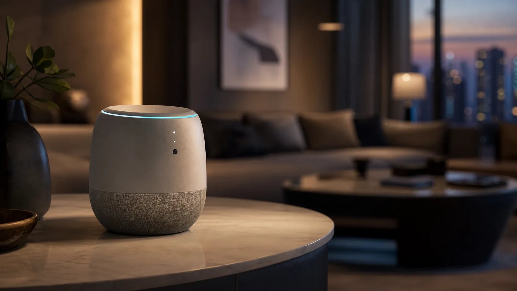 Concept illustration of a screen-free AI smart speaker in a modern home