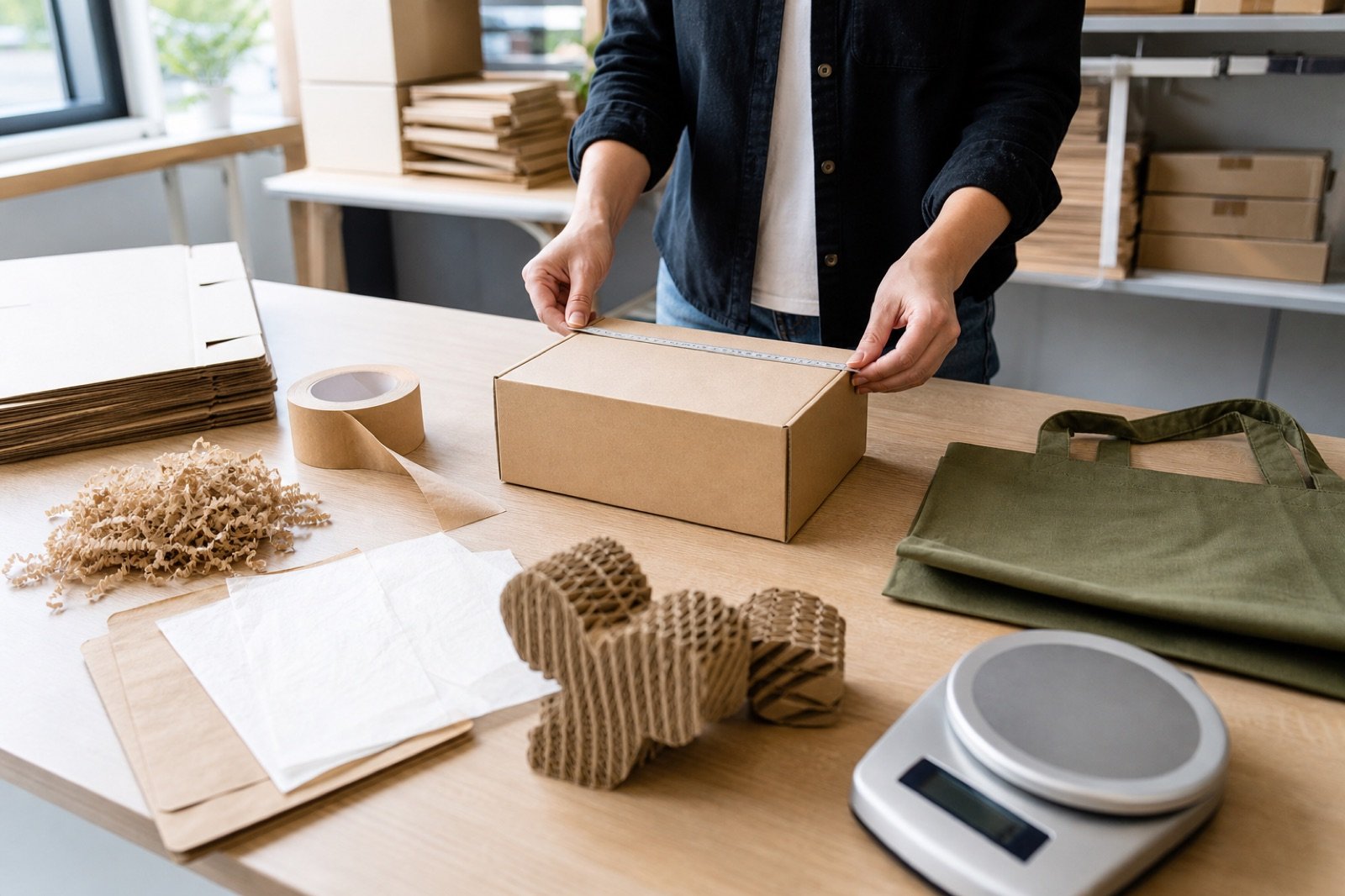Worker measuring a right-sized kraft shipping box beside paper tape, corrugated inserts, a reusable tote and a digital scale