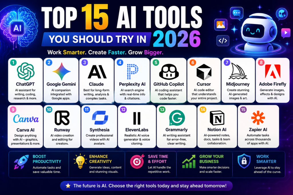 Top 15 AI tools in 2026 including ChatGPT, Gemini, Claude, Midjourney, GitHub Copilot, Canva AI, and Synthesia.